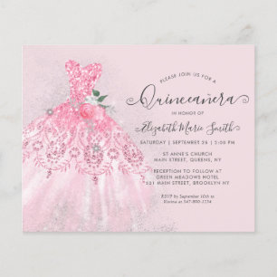 Budget Blush Pink Floral Silver Gown Quinceanera