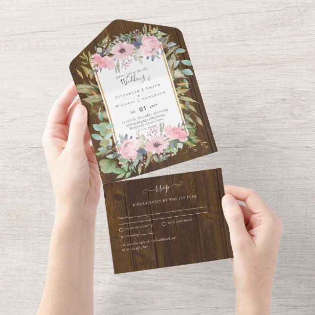BUDGET  Blush Pink Floral Wedding All In One Invitation (Tearaway)