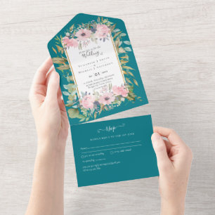 BUDGET  Blush Pink Floral Wedding All In One Invitation