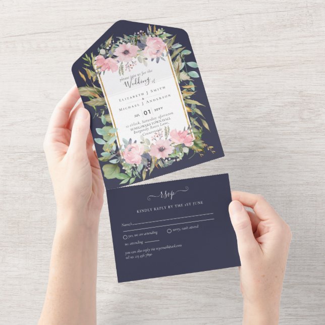 BUDGET  Blush Pink Floral Wedding All In One Invitation (Tearaway)