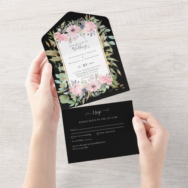 BUDGET  Blush Pink Floral Wedding All In One Invitation (Tearaway)