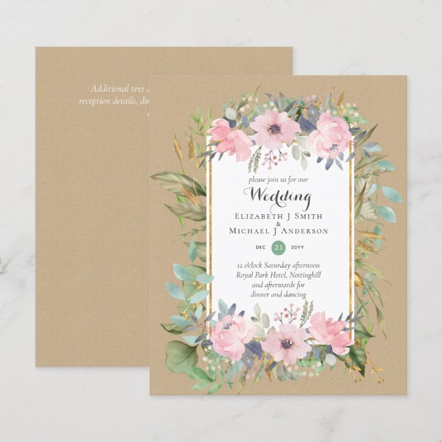 BUDGET Blush Pink Floral Wedding Invitations (Front/Back)