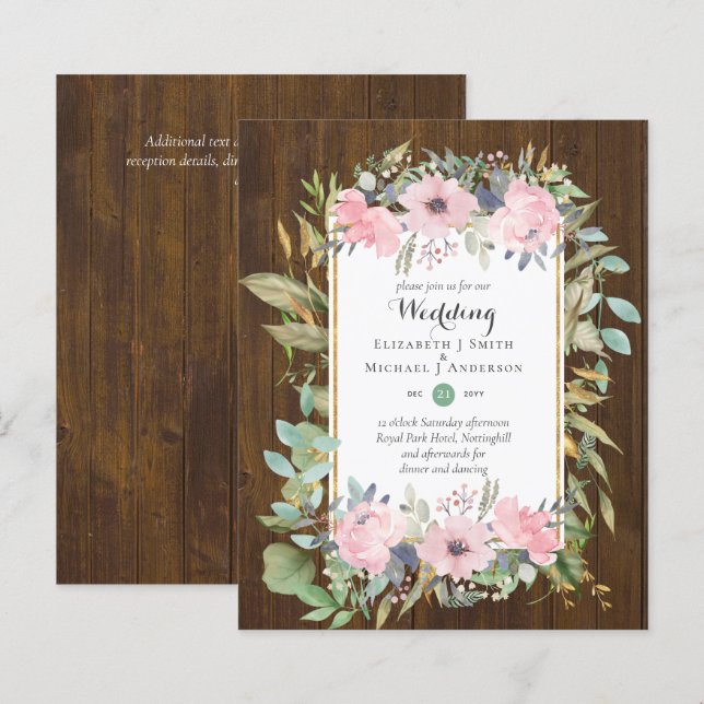BUDGET Blush Pink Floral Wedding Invitations (Front/Back)