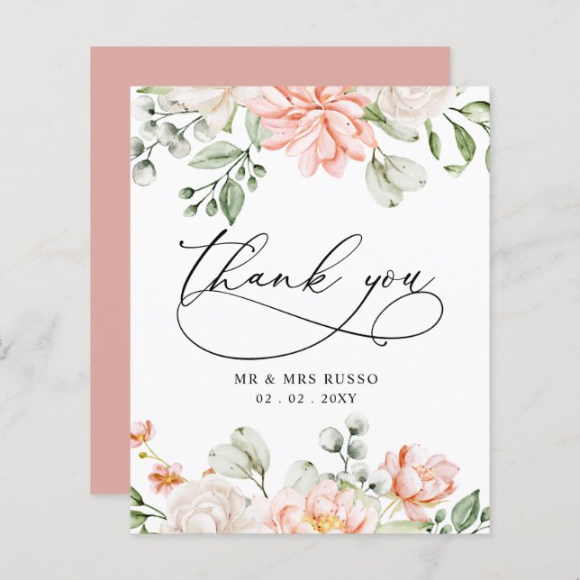 Budget Blush Pink Floral Wedding Thank You Card (Front/Back)