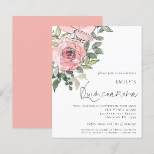 Budget Blush Pink Florals Quinceañera Invite