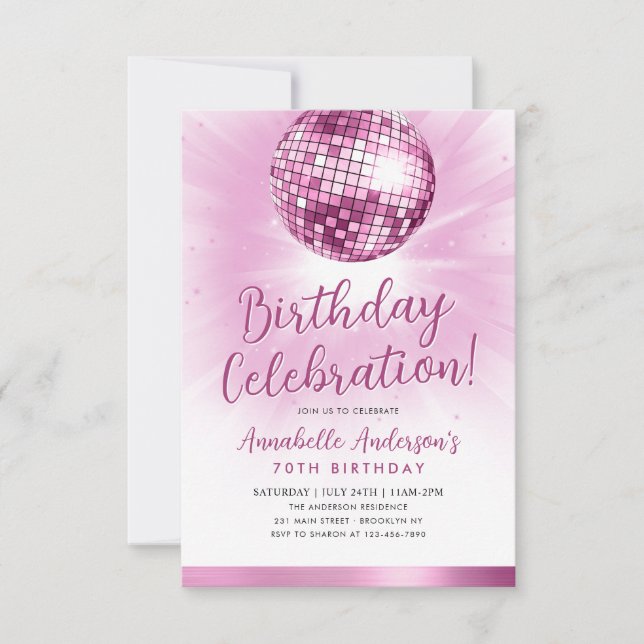 Budget Blush Pink Glitter 70s Disco Ball Birthday Card (Front)