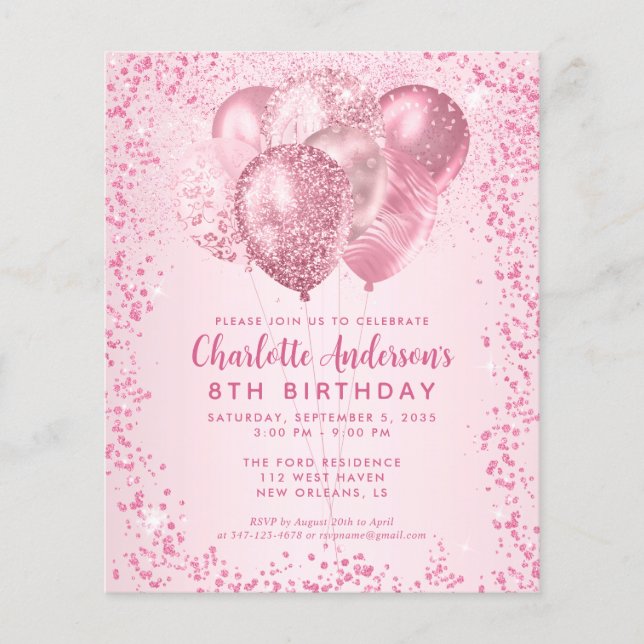 Budget Blush Pink Glitter Balloon Kids Birthday Flyer (Front)