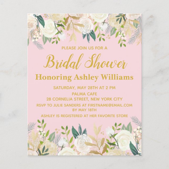 Budget Blush Pink & Gold Bridal Shower Invitation (Front)