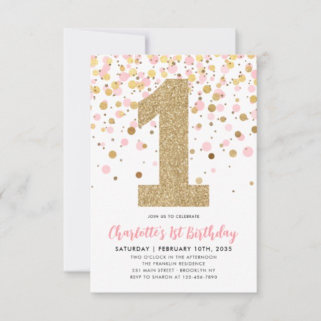 Budget Blush Pink Gold Confetti Girl 1st Birthday Card (Front)
