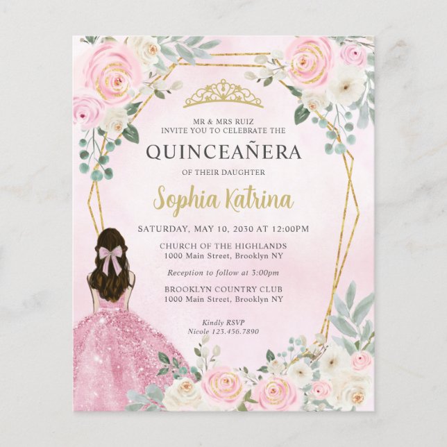 Budget Blush Pink Gold Floral Princess Quinceañera (Front)
