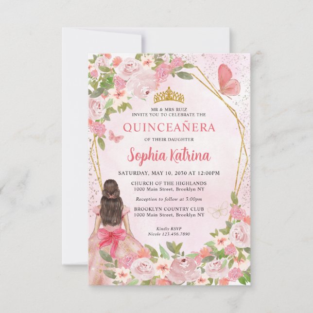 Budget Blush Pink Gold Floral Princess Quinceañera Card (Front)
