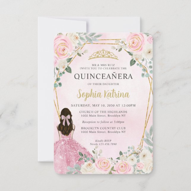 Budget Blush Pink Gold Floral Princess Quinceañera Card (Front)