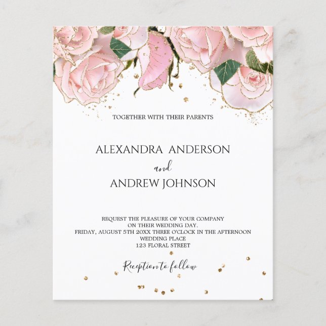 Budget Blush Pink Gold Floral Wedding Invitation (Front)