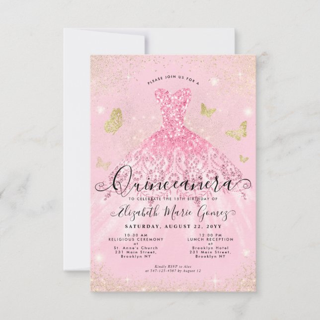 Budget Blush Pink Gold Glitter Gown Quinceanera Card (Front)