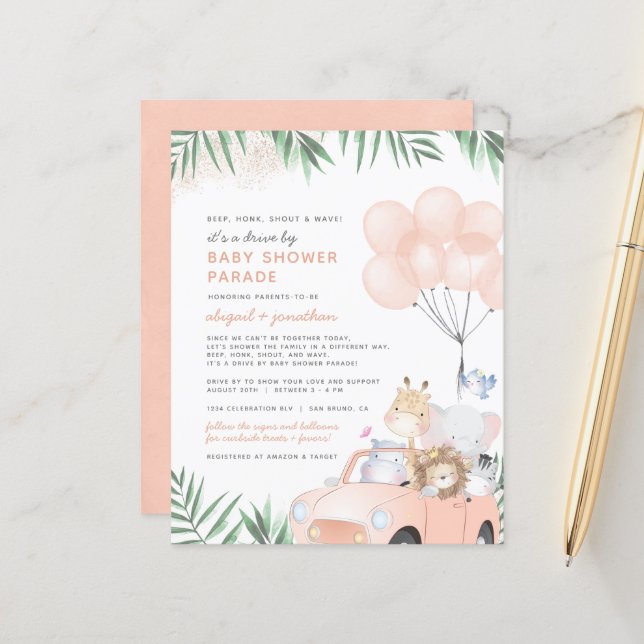 Budget Blush Pink Gold Safari Drive By Baby Shower (Front/Back In Situ)