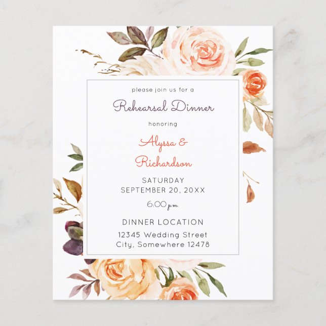 Budget Blush Pink & Peach Floral Rehearsal Dinner  Flyer (Front)