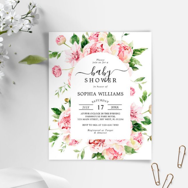 Budget Blush Pink Peonies Baby Shower Invitation (Creator Uploaded)