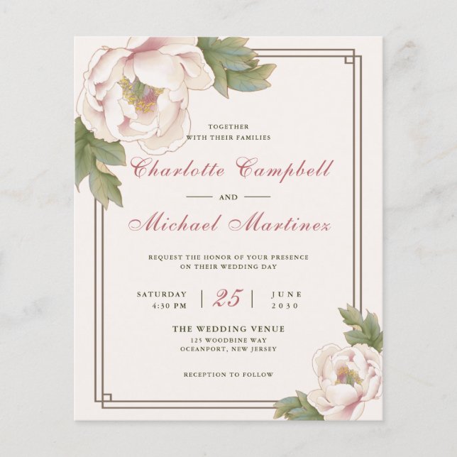 Budget Blush Pink Peony Floral Wedding Invite Flyer (Front)