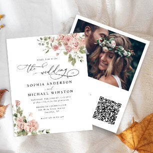 Budget Blush Pink Rose Floral Photo Wedding Invite
