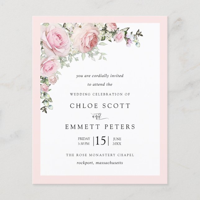 Budget Blush Pink Rose Floral Wedding Invitation (Front)