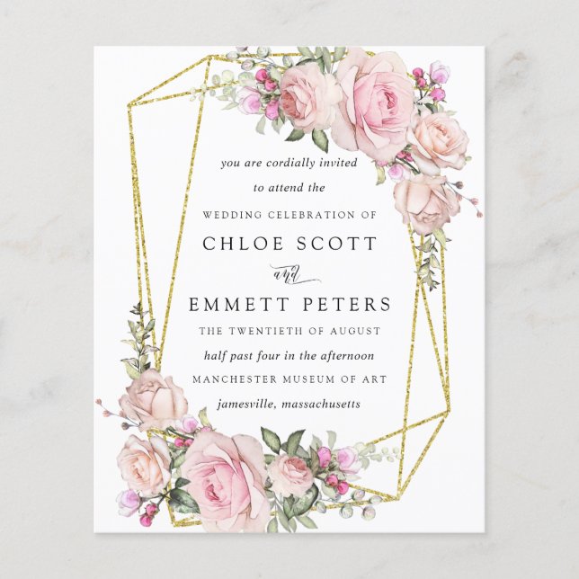 Budget Blush Pink Rose Floral Wedding Invitation (Front)