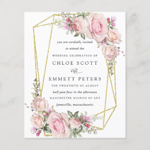 Budget Blush Pink Rose Floral Wedding Invitation