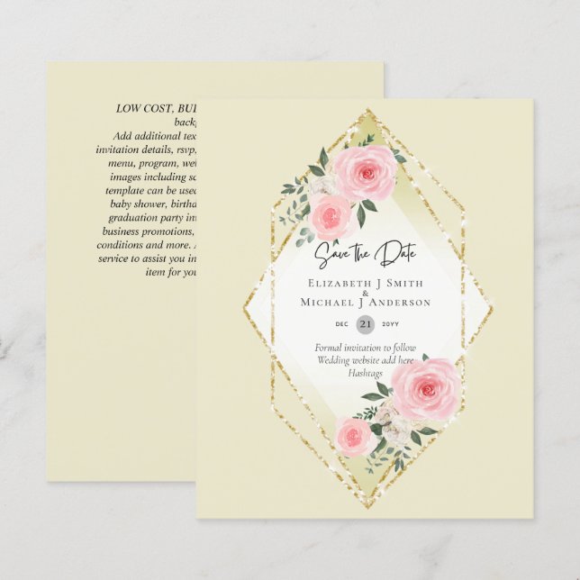 BUDGET Blush Pink Roses All-in-1 Wedding Save Date (Front/Back)