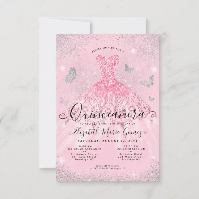Budget Blush Pink Silver Glitter Gown Quinceanera Card (Front)