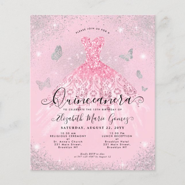 Budget Blush Pink Silver Gown Quinceanera Invite (Front)