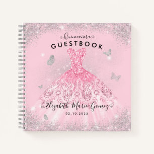 Budget Blush Pink Silver Quinceanera Guestbook Notebook