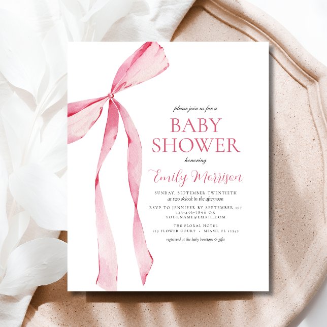 Budget Blush Pink Watercolor Bow Girl Baby Shower Flyer (Creator Uploaded)
