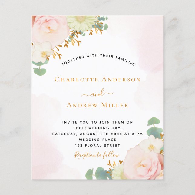 Budget blush pink watercolor florals wedding (Front)
