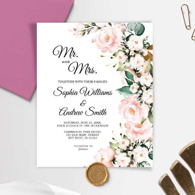 Budget Blush Rose Flowers Wedding Invitation (Creator Uploaded)