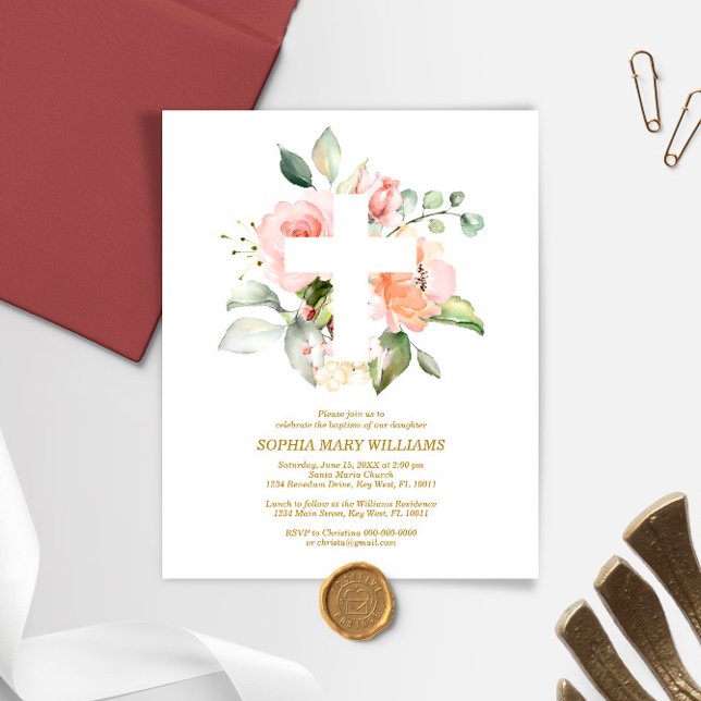 Budget Blush Rose & White Cross Baptism Invitation (Creator Uploaded)