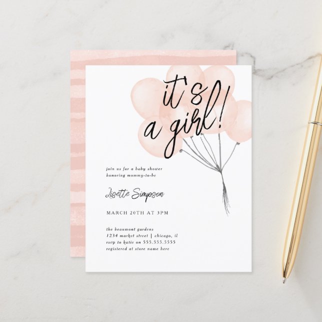 Budget Blush Watercolor Balloons Girl Baby Shower (Front/Back In Situ)