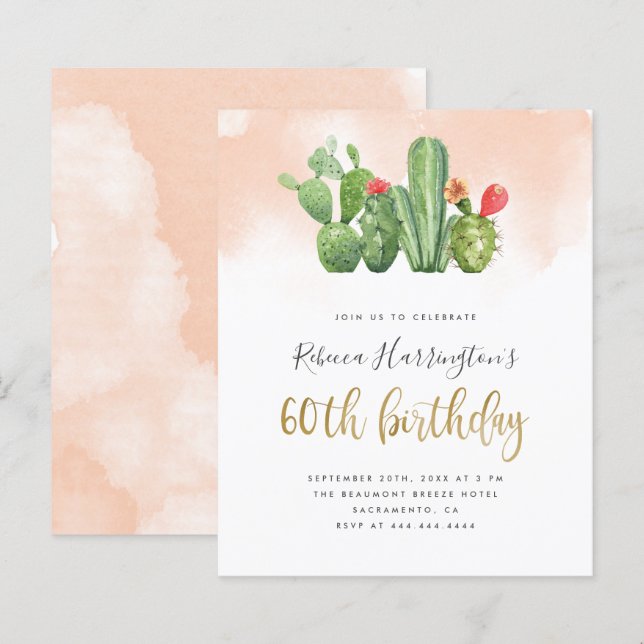 Budget Blush Watercolor & Cactus 60th Birthday (Front/Back)