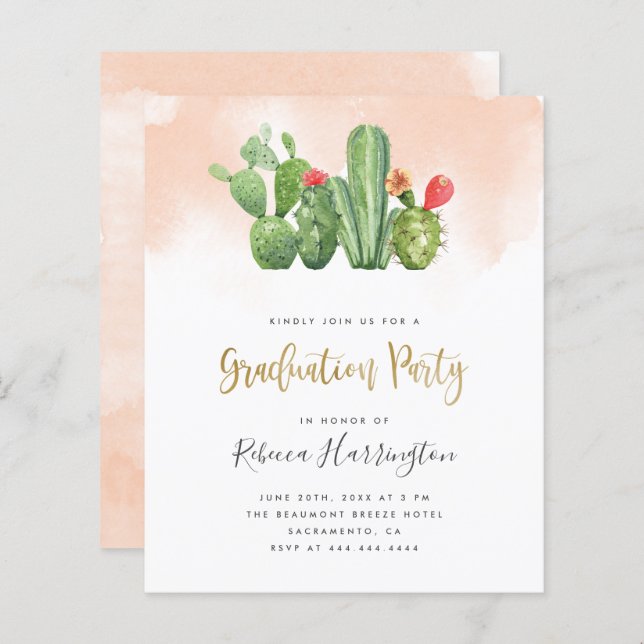 Budget Blush Watercolor & Cactus Graduation Party (Front/Back)