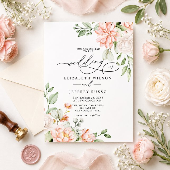 Budget Blush White Floral Wedding Invitations (Budget Elegant Modern Blush White Floral Wedding Invitation)
