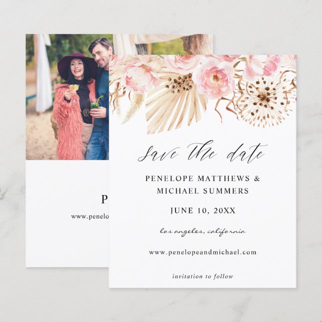 Budget Bohemain Pink Floral Save the Date Photo (Front/Back)