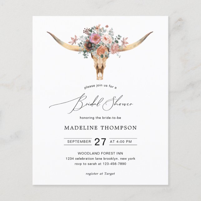 Budget Bohemian Cow Skull Floral Bridal Shower (Front)