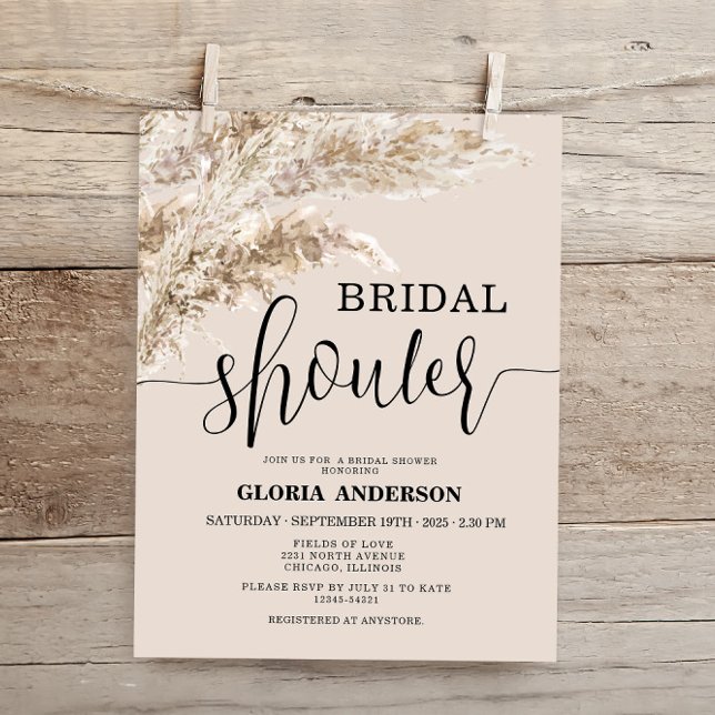 Budget Bohemian Pampas Bridal Shower Invitation (Creator Uploaded)