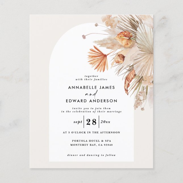 budget bohemian pampas grass wedding invitation (Front)