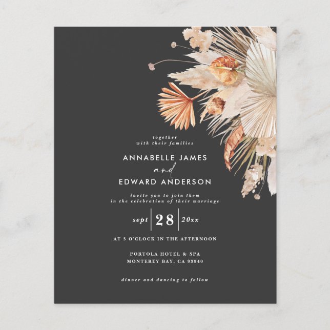 budget bohemian pampas grass wedding invitation (Front)