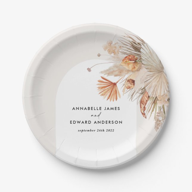 budget bohemian pampas grass wedding party paper plate (Front)