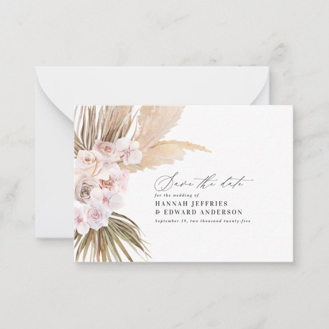 budget bohemian pampas grass wedding save the date card (Front)