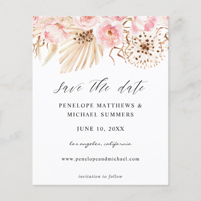 Budget Bohemian Pink Floral Save the Date Photo Flyer (Front)