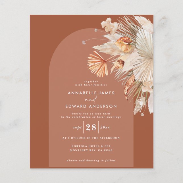budget bohemian terracotta pampas wedding invite flyer (Front)