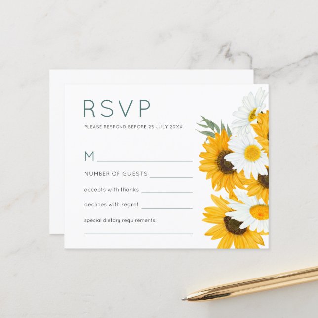 Budget Bohemian Wildflowers Sunflower Wedding RSVP (Front/Back In Situ)