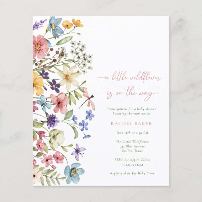 Budget Boho A Little Wildflower Girl Baby Shower Flyer (Front)