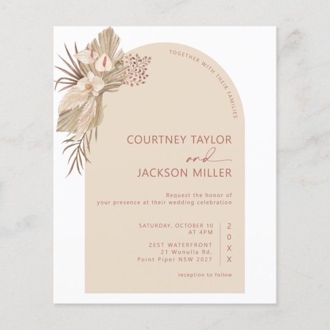 BUDGET Boho Arch Pampas Grass Wedding Invitation Flyer (Front)